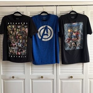 Avengers t-shirt bundle. Black shirts sz L 100% cotton. Blue XL perf fabric